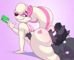  &lt;3 2019 acstlu anthro big_butt butt butt_sniffing canid canine duo fur grin hi_res looking_back male mammal mephitid nargle nose_to_anus phurcy pink_background pink_fur simple_background skunk smile white_fur 