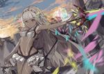  altera_(fate) bare_shoulders dark_skin detached_sleeves fate/grand_order fate_(series) highres looking_at_viewer midriff navel open_mouth photon_ray red_eyes sketch solo sword veil vicious_kage weapon white_hair 
