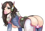  ass bent_over bodysuit breasts brown_eyes brown_hair bubble_blowing censored chewing_gum d.va_(overwatch) facial_mark jorin looking_at_viewer looking_back nipples novelty_censor overwatch simple_background small_breasts solo symbol-shaped_pupils whisker_markings white_background 
