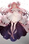  bangs bow closed_eyes dress frills gloves hair_bow hands_on_own_chest kaname_madoka long_hair magical_girl mahou_shoujo_madoka_magica nine_(liuyuhao1992) overskirt petals pink_hair shoes solo spoilers two_side_up ultimate_madoka white_dress winged_shoes wings 
