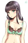  1girl :o =o bangs bare_arms bare_shoulders black_hair blush bow bow_bra bra breasts cleavage collarbone eyebrows_visible_through_hair green_bra green_eyes hair_tie highres kaya_(yoshina9) kurosawa_dia lace lace-trimmed_bra long_hair looking_at_viewer love_live! love_live!_sunshine!! mole mole_under_mouth navel open_mouth sidelocks signature simple_background small_breasts solo underwear white_background 