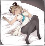  ahoge alp aqua_neckwear armpits bare_shoulders bed_sheet between_breasts black_legwear blonde_hair blush border breasts closed_eyes draph from_above full_body granblue_fantasy hair_over_one_eye horns laguna_(granblue_fantasy) large_breasts lying necktie necktie_between_breasts no_shoes on_back pantyhose pillow pointy_ears short_hair sketch sleeveless solo 