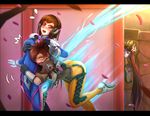  anger_vein ass black_hair blush bodysuit breasts brown_eyes brown_hair commentary_request d.va_(overwatch) facial_mark fang gloves goggles gun head_mounted_display headphones heart heart_in_mouth highres hug hug_from_behind jacket jealous letterboxed lips long_hair medium_breasts multiple_girls oldlim orange_bodysuit overwatch peeking_out ponytail purple_hair purple_skin short_hair smile spiked_hair thighs tracer_(overwatch) very_long_hair weapon whisker_markings white_gloves widowmaker_(overwatch) yellow_eyes yuri 