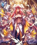  angel angel_wings breasts cleavage commentary_request dress fairy_wings fantasy frigg_(shingeki_no_bahamut) highres jewelry large_breasts lee_hyeseung long_hair multiple_girls official_art pelvic_curtain purple_eyes red_hair shingeki_no_bahamut skirt thighhighs very_long_hair wings 