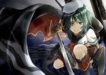  bangs boots brown_gloves cape crop_top eyepatch fog gloves green_eyes green_hair grin hat holding holding_sword holding_weapon kantai_collection kiso_(kantai_collection) machinery ocean outdoors pleated_skirt remodel_(kantai_collection) ripples school_uniform serafuku short_hair short_sleeves sideways_hat skirt smile solo squatting standing standing_on_liquid sword water weapon yunamaro 