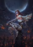  armor armored_boots arrow bat belt boots bow_(weapon) brown_hair bustier cape crossbow demon_hunter diablo_3 dual_wielding fire highres holding holster lips long_hair mask moon night quiver sitting solo spikes thigh_holster town weapon wenfei_ye 