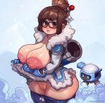  areolae blush breasts breasts_outside brown_eyes brown_hair curvy cyancapsule fur_coat glasses gloves huge_breasts large_areolae large_breasts looking_at_viewer mei_(overwatch) nipples overwatch pants_down parted_lips plump pussy shirt_lift solo thick_thighs wide_hips 