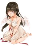  alternate_costume bangs bare_shoulders barefoot blush breasts brown_hair choukai_(kantai_collection) dress glasses kantai_collection long_hair medium_breasts red_eyes red_ribbon ribbon simple_background sitting sleeveless solo spaghetti_strap wariza white_background white_wings wings yunamaro 