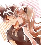  1girl animal_ears atom_(@tom) black_dress black_hair black_shirt blue_(pokemon) blush brown_hair cat_ears eyes_closed licking one_eye_closed pokemon pokemon_special red_(pokemon) wink 