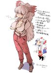  boots bow breasts brown_footwear cigarette cleavage collarbone collared_shirt crossed_arms fluffy fujiwara_no_mokou full_body hair_bow highres large_breasts looking_at_another looking_at_viewer moyazou_(kitaguni_moyashi_seizoujo) multiple_girls muted_color no_bra open_clothes open_shirt pants pocket ponytail red_eyes red_pants shirt short_hair smoke smoking standing suspenders sweatdrop touhou translation_request white_background white_hair white_shirt 