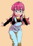  :d black_sweater blue_eyes dr._slump glasses hand_on_own_face hand_up highres leaning_forward long_hair looking_at_viewer nakahara_kaihei no_hat no_headwear norimaki_arale open_mouth orange_background overalls purple_hair round_eyewear shirt simple_background smile solo sweater yellow_shirt 
