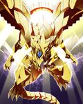  claws commentary_request dragon duel_monster fangs glowing glowing_eyes gradient gradient_background highres joints monster mtu_(orewamuzituda) no_humans open_mouth red_eyes the_winged_dragon_of_ra yuu-gi-ou 