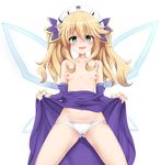  bare_chest blonde_hair breasts hair_ornament hat highres hinakurukuru histoire long_hair looking_at_viewer neptune_(series) nipples open_mouth panties skirt skirt_lift small_breasts smile solo sweat transparent_background twintails underwear white_panties wings 