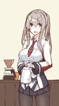  :d bad_id bad_pixiv_id black_legwear blue_eyes breasts coffee_pot gloves graf_zeppelin_(kantai_collection) grey_hair kantai_collection large_breasts mikoto_(oi_plus) necktie no_hat no_headwear open_mouth pantyhose pleated_skirt skirt smile solo teapot teeth twintails white_gloves 