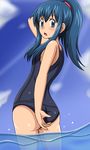  ass blue_eyes blue_hair hair_ornament hikari_(pokemon) kuro_hopper long_hair looking_at_viewer old_school_swimsuit open_mouth pokemon school_swimsuit solo swimsuit water 