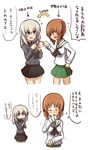  blue_eyes blush brown_eyes brown_hair closed_eyes commentary_request directional_arrow english flying_sweatdrops girls_und_panzer grey_hair highres itsumi_erika kumo_(atm) kuromorimine_school_uniform multiple_girls nishizumi_miho ooarai_school_uniform personality_switch reverse_translation school_uniform skirt translated 