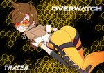  absurdres ass bad_id bad_pixiv_id bangs black_gloves bodysuit bomber_jacket breasts brown_eyes brown_hair brown_jacket cross-laced_clothes earrings elbow_gloves from_behind gloves goggles goyain harness hexagon highres jacket jewelry leather leather_jacket looking_at_viewer looking_back medium_breasts orange_bodysuit overwatch pants short_hair short_sleeves single_earring skin_tight sleeves_rolled_up solo spiked_hair thighs tight tight_pants tracer_(overwatch) vambraces watermark 
