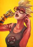  absurdres bespectacled blonde_hair casual genderswap genderswap_(mtf) glasses hand_to_head highres junkrat_(overwatch) lipstick looking_at_viewer makeup mechanical_arm monori_rogue overwatch piercing red-framed_eyewear red_lipstick round_eyewear short_hair solo tank_top tattoo teeth tongue_piercing upper_body yellow_eyes 