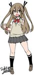  artist_name black_legwear brown_eyes brown_hair dated fang full_body highres kagami_ryouko kneehighs loafers long_hair looking_at_viewer older open_mouth original pleated_skirt pointing pointing_at_viewer school_uniform shoes simple_background skirt solo twintails white_background yoshida_hideyuki 