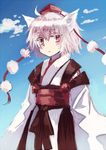  animal_ears hat inubashiri_momiji kourindou_tengu_costume miyakure red_eyes short_hair solo tokin_hat touhou white_hair wide_sleeves wolf_ears 