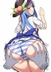  absurdres ass ass_grab blue_hair blush deep_skin food from_behind fruit hat hinanawi_tenshi huge_ass long_hair looking_at_viewer looking_back looking_down neropaso panties peach pov_hands red_eyes shirt skirt skirt_lift solo solo_focus striped striped_panties touhou underwear very_long_hair wide_hips 
