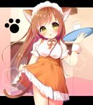  animal_ears blush breasts brown_eyes brown_hair cat_ears cat_girl cat_tail cup drinking_glass holding long_hair medium_breasts nufucha open_mouth original shirt skirt skirt_lift smile solo tail tray waitress wrist_cuffs 