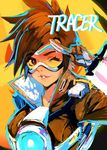  bangs black_gloves bomber_jacket brown_hair brown_jacket character_name chkuyomi gloves goggles harness jacket leather leather_jacket lips long_sleeves looking_at_viewer overwatch parted_lips salute short_hair smile solo spiked_hair tracer_(overwatch) upper_body 