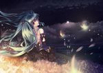 absurdres aqua_hair bare_back blue_eyes cloud detached_sleeves dress elbow_gloves flower full_moon gloves glowing hatsune_miku highres lighthouse long_hair looking_back moon nishiro_ryoujin solo twintails very_long_hair vocaloid 