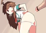  1girl after_sex ahoge arched_back ass bangs bar_censor blunt_bangs blush bottomless brown_eyes brown_hair censored cum cum_on_ass cum_on_body cum_on_lower_body cum_string disembodied_penis dokan_(dkn) fang hand_on_hip hetero kantai_collection kuma_(kantai_collection) long_hair looking_at_another looking_back necktie open_mouth out_of_frame panties panty_pull penis pointless_censoring red_neckwear saliva shirt short_sleeves solo_focus standing sweat underwear veins veiny_penis white_panties 