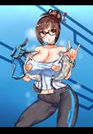  1girl areolae beads black-framed_eyewear black_legwear blue_gloves bracelet breasts brown_eyes brown_hair cameltoe choker cleavage collarbone contrapposto elbow_gloves fur fur_trim glasses gloves groin hair_bun hair_ornament hair_stick highres jewelry large_breasts letterboxed lips looking_at_viewer mei_(overwatch) midriff nail_polish navel nipple_cutout nippleless_clothes nipples off_shoulder overwatch pants parted_lips red_nails short_hair solo standing tank_top thighs tight tight_pants 