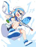  anbe_masahiro anniversary bike_shorts blue_eyes blue_hair bracelet classic_squiffer_(splatoon) commentary cosplay crossover fang hat ikamusume ikamusume_(cosplay) ink_tank_(splatoon) inkling jewelry jumping paint paint_gun shinryaku!_ikamusume simple_background solo splatoon_(series) splatoon_1 squid_girl squid_hat tentacle_hair 