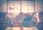  2girls backlighting bald black_hair child covering_face dress dual_persona head_rest head_wreath indoors leaning_forward long_hair multiple_girls muted_color namihaya old_man original sad shadow silhouette sitting skirt_hold slippers sunlight wheelchair white_dress window 