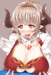  1girl alicia_(granblue_fantasy) blush breasts brown_hair cleavage cleavage_cutout cow_girl cow_horns cross cum cum_in_mouth cum_on_breasts dress earrings erect_nipples gloves granblue_fantasy heart heart-shaped_pupils hetero horns huge_breasts large_breasts long_hair nipple_tweak oga_raito open_mouth paizuri paizuri_under_clothes penis pointy_ears red_eyes silver_hair simple_background solo_focus symbol-shaped_pupils tongue tongue_out uncensored white_gloves 