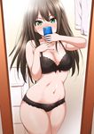  black_bra black_panties blush bra breasts brown_hair cellphone chest_of_drawers cleavage green_eyes highres idolmaster idolmaster_cinderella_girls lace lace-trimmed_panties large_breasts long_hair mirror navel panties phone reflection self_shot shibuya_rin shouji_nigou smartphone solo underwear underwear_only 