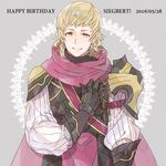  1boy armor blonde_hair brown_eyes cape character_name dated fire_emblem fire_emblem_if gloves grey_background happy_birthday male_focus shourou_kanna siegbert_(fire_emblem_if) simple_background solo 