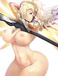  areolae arm_up blonde_hair blue_eyes breasts curvy erect_nipples haganef hair_over_one_eye highres huge_breasts large_breasts light_smile long_hair looking_at_viewer mechanical_halo mechanical_wings mercy_(overwatch) nipples overwatch simple_background smile solo staff thick_thighs thighs white_background wide_hips wings 