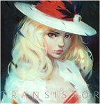  artist_name black_background blonde_hair border closed_mouth copyright_name green_eyes guweiz hat jacket looking_at_viewer multicolored multicolored_eyes open_clothes open_jacket pink_lips portrait red_eyes serious simple_background solo sybil_(transistor) transistor_(game) upper_body white_border white_hat white_jacket 