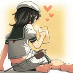  alcohol beer beer_mug black_hair blush breath closed_eyes cup drinking_glass feet flat_cap foam from_behind hat heart holding holding_cup murasa_minamitsu open_mouth profile school_uniform serafuku shirt short_hair short_sleeves shorts simple_background sitting soles solo toes touhou white_hat white_shirt white_shorts yellow_background yokozuwari yudepii 