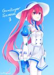  absurdres android breasts commentary_request copyright_name dress gunslinger_stratos hat highres humanoid_robot red_eyes red_hair robot_joints small_breasts solo sun_hat toppema_mapetto white_dress xi-988 