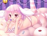  :3 animal_ears ass bangs blush bra breasts bunny bunny_ears bunny_tail candy cleavage collarbone eyebrows eyebrows_visible_through_hair food frilled_bra frills hair_between_eyes hair_ornament hairclip highres holding lantern large_breasts lollipop lying muraji0419 nail_polish on_stomach original panties pink_eyes pink_hair pink_panties red_eyes solo striped striped_background striped_bra striped_legwear striped_panties tail thighhighs tongue tongue_out underwear 