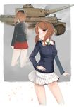  alternate_costume bad_id bad_pixiv_id blush brown_eyes brown_hair commentary dissolving dual_persona ekuesu garrison_cap girls_und_panzer ground_vehicle hat highres light_particles looking_back military military_uniform military_vehicle miniskirt motor_vehicle multiple_girls nishizumi_miho ooarai_military_uniform open_mouth short_hair skirt tank tiger_i uniform 