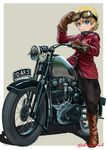  abazu-red artist_name black_pants blonde_hair blue_eyes boots braid brough_superior brown_footwear darjeeling girls_und_panzer goggles goggles_on_head grey_background ground_vehicle jacket looking_at_viewer military military_uniform motor_vehicle motorcycle on_motorcycle pants red_jacket riding shadow short_hair signature simple_background smile solo st._gloriana's_military_uniform tied_hair twin_braids uniform 