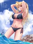  1girl arms_behind_head bikini black_bikini blue_sky breasts cleavage cloud fate_testarossa halterneck highres large_breasts lyrical_nanoha mahou_shoujo_lyrical_nanoha_strikers navel ocean partially_submerged red_eyes rock side-tie_bikini sky solo sougetsu_izuki swimsuit wet 