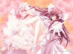  airi_(quilt) blush bride carnelian dress flower hair_ribbon pantyhose pink_hair quilt_(game) red_eyes ribbon solo two_side_up wedding_dress 