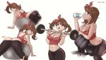  aikuxa ass ball blue_eyes bottle breasts brown_hair butt_crack cameltoe cleavage creatures_(company) drinking dumbbell exercise exercise_ball game_freak hairband haruka_(pokemon) large_breasts leggings lifting lying midriff navel nintendo no_panties on_stomach pokemon pokemon_(game) pokemon_oras solo_focus spill tank_top water water_bottle 