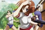  absurdres blue_eyes brown_hair buruma furude_rika green_eyes green_hair gym_uniform highres higurashi_no_naku_koro_ni kawano_maki long_hair multiple_girls official_art one_eye_closed ponytail purple_eyes purple_hair ryuuguu_rena short_hair sonozaki_mion water_gun 