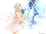  bare_shoulders bent_over cloud highres lingerie long_hair negligee open_mouth original profile ribbon silver_hair sky solo takigawa_yuu underwear wallpaper window 