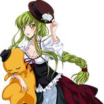  absurdres bow braid breasts c.c. cheese-kun cleavage code_geass flower frills green_hair hat hat_flower highres iyou long_hair medium_breasts open_mouth pizza_hut single_braid solo transparent_background very_long_hair yellow_eyes yukkyun 