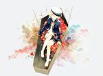  1boy anemone_(flower) bandage_over_one_eye barefoot blonde_hair capelet coffin colorful commentary flower hat looking_at_viewer male_focus oliver_(vocaloid) one_eye_covered petals red_flower ribbon rose_petals semiko_(kamibukuro) short_hair shorts sitting solo vocaloid yellow_eyes 