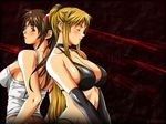  2girls back-to-back bb bible_black blonde_hair blush breasts brown_hair cleavage copyright_name highres imari_kurumi kurumi_imari large_breasts multiple_girls saeki_kaori wallpaper 